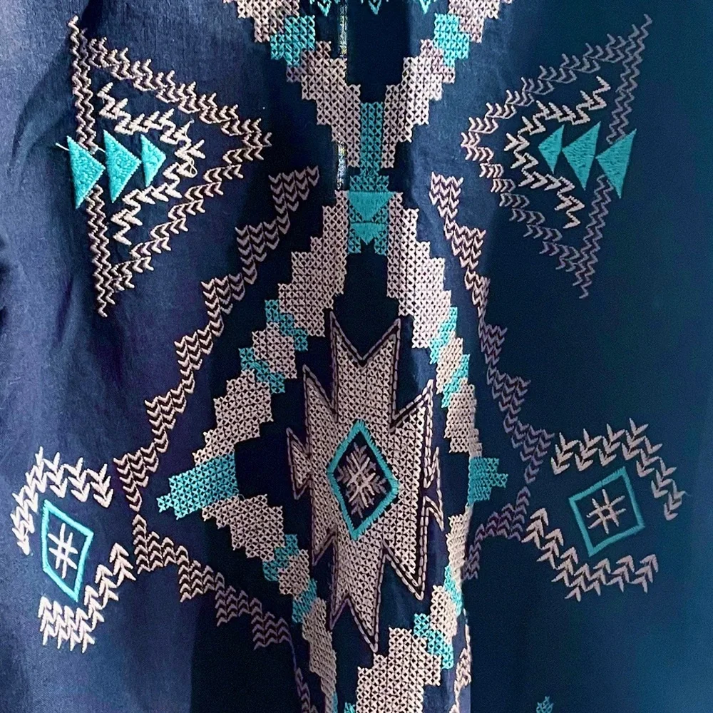NWOT Johnny Was Linen Embroidered Aztec Kimono Black, Tan & Aqua - Picture 13 of 15